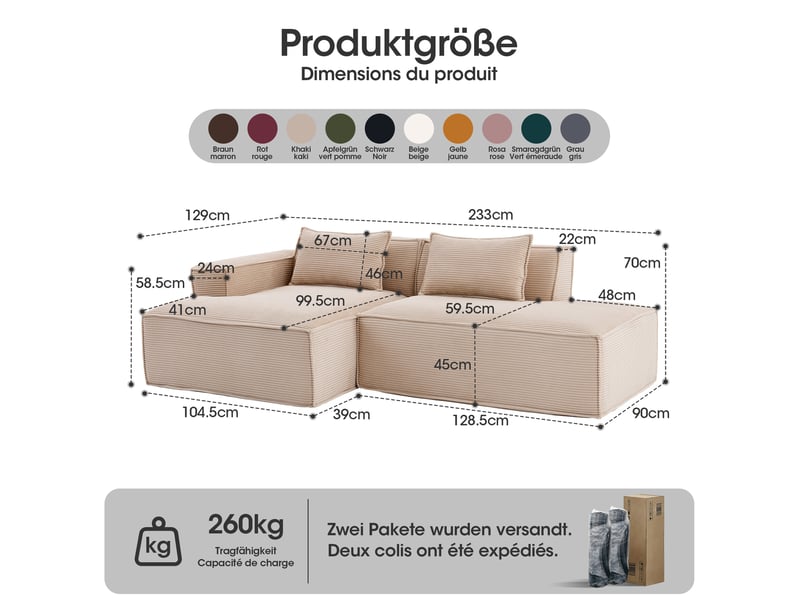  Canapé 2 places ulevr 235 cm en polyester kaki, assise souple à ressorts ensachés et 2 coussins  - Conforama C