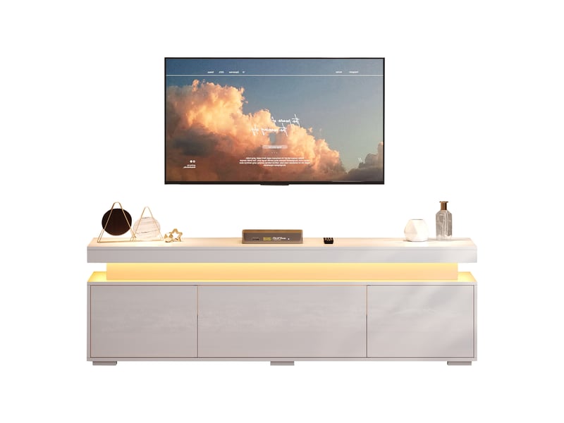  Meuble tv bas rayofi 150 x 35 x 43 cm, 3 portes, 4 compartiments, éclairage led intégré, blanc laqué, panneaux de particules  - Conforama A