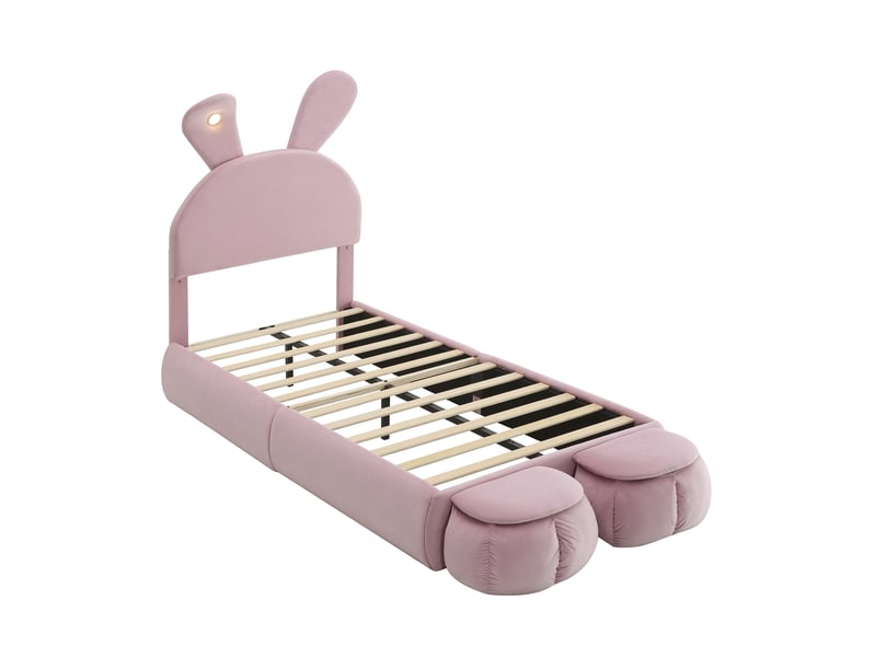  Lit capitonné 90x200cm en velours rose, oreilles de lapin, led, deux poufs et lattes en bois, lit enfant  - Conforama A