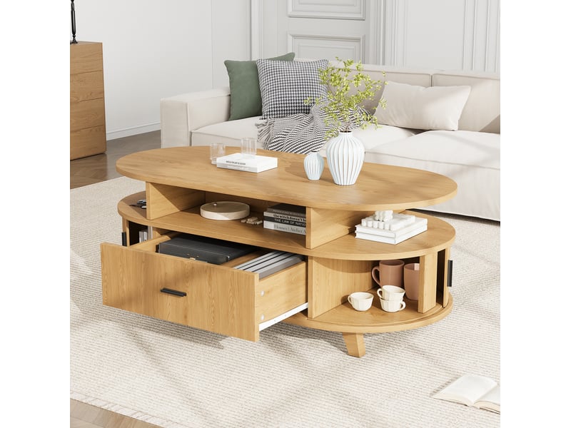 Table basse ovale avec tiroir, table salon en mdf effet bois naturel, 100x50x40 cm - Conforama B