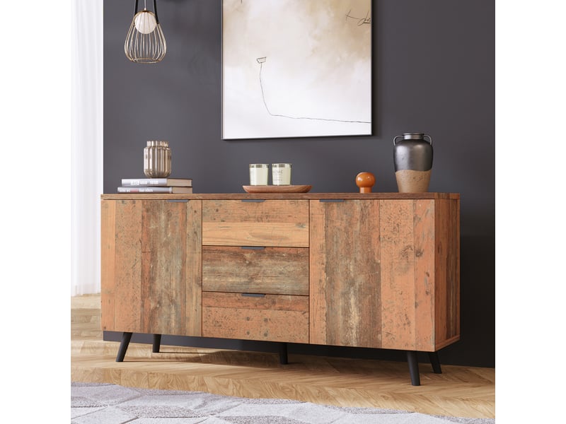  Meuble tv 140 cm pour écran 55 pouces, 3 tiroirs et étagères réglables, marron vintage  - Conforama B