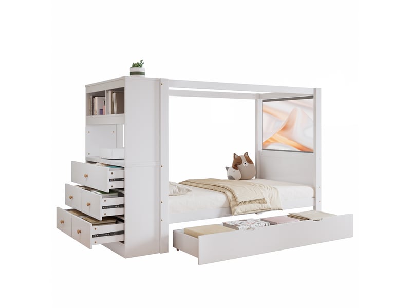  Lit simple enfant 90x200 cm – blanc et naturel – 5 tiroirs, module latéral et bac coulissant - sans matelas  - Conforama A