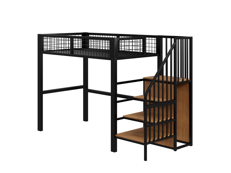  Lit mezzanine enfant 90x200 cm avec rangement et armoire ouverte, en métal noir, sans matelas  - Conforama D