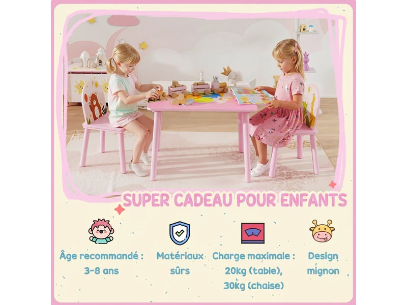 Table enfant avec chaise, ensemble table et 2 chaises en bois pour dessiner, jouer, rose, étudier  - Conforama W