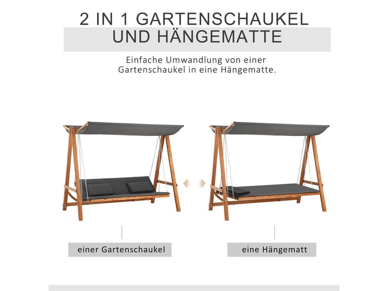  Banc de jardin 225 x 113 x 180 cm 3 places fonction lit toit intégré bois de pin couleur gris détails teck  - Conforama D