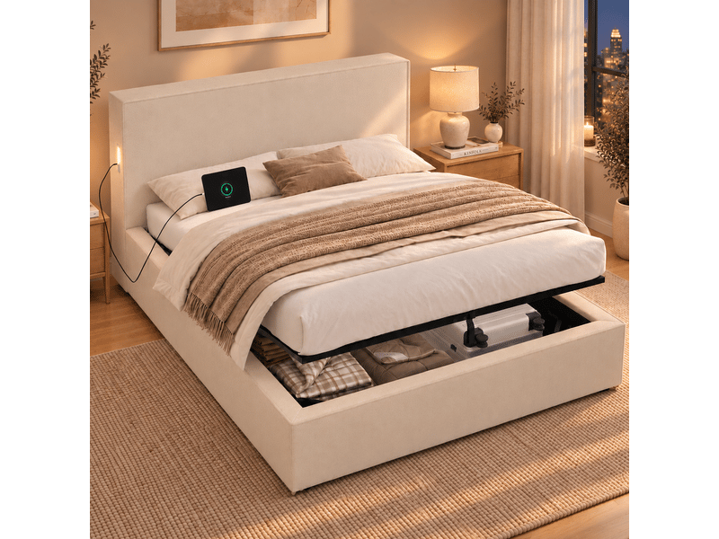  Lit coffre rembourré 120x200 cm en tissu chenille avec rangement hydraulique, sommier inclus, tête de lit capitonnée - beige  - Conforama B