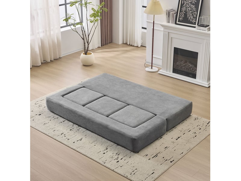  Canapé convertible modulable 3 places avec 3 repose-pieds, couchage et tapis de jeu en chenille gris  - Conforama D