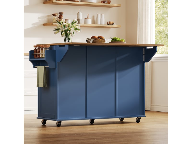  Desserte de cuisine 143x45x89,5 cm bleu et marron mdf, plan rabattable, rangements sur roulettes  - Conforama E