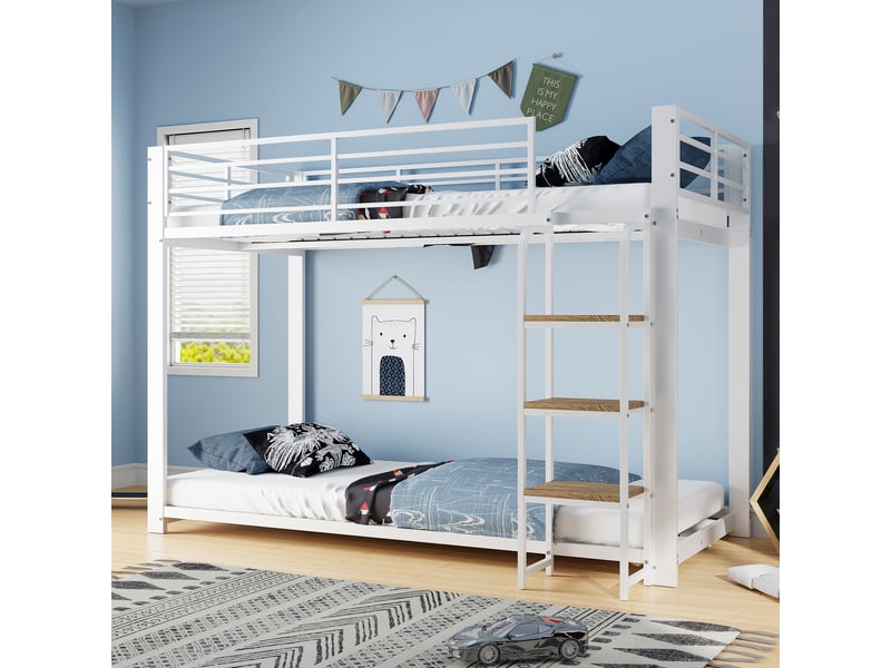  Lit superposé enfant 2 places 90×200 cm avec échelle et étagères - okmyhome- blanc et noyer, sans matelas  - Conforama B