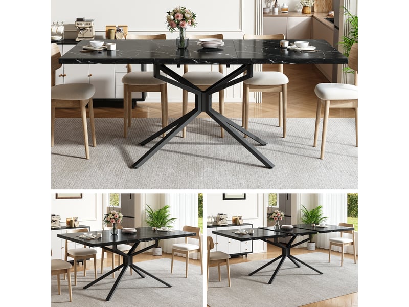 Table à manger de cuisine 120–160x90 cm - extensible - piètement métallique étoilé - patins réglables - mdf et métal - noir - Conforama B