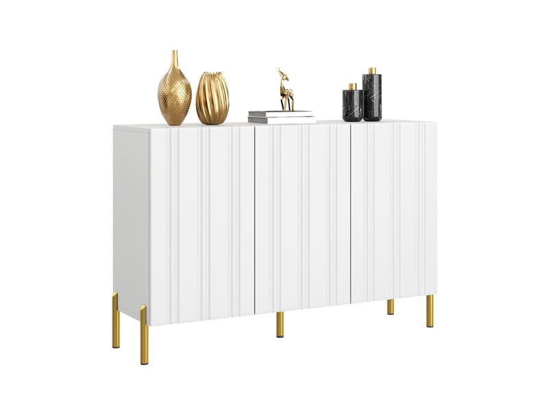  Buffet de salon - 120x35.5x80cm - 3 portes rainurées étagères réglables et pieds dorés en métal - blanc  - Conforama A