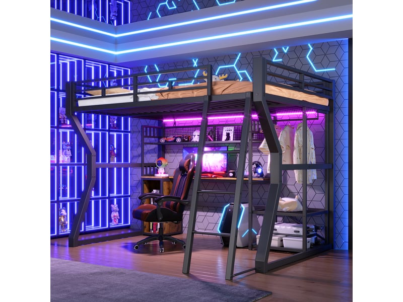  Lit mezzanine 140 x 200 cm, cadre en métal, led, prise, bureau, penderie, rangements, sans matelas, noir  - Conforama D