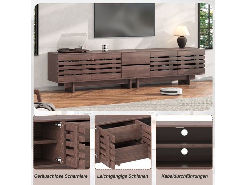  Meuble tv 200 cm avec rangement, 4 portes et 2 tiroirs, design noyer à lamelles pour salon moderne  - Conforama E