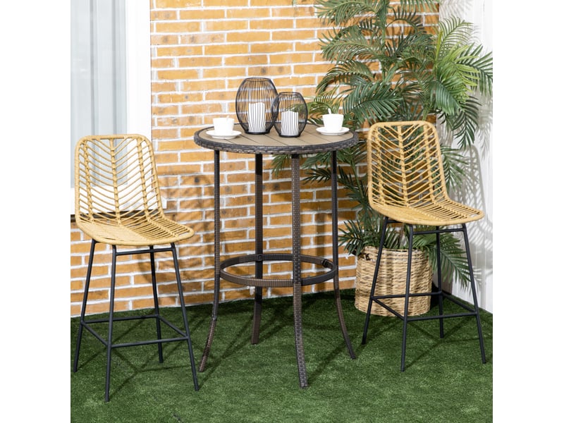  Tabourets de bar lot de 2 avec dossier et repose-pieds, design bohème en résine tressée jaune et acier noir  - Conforama D