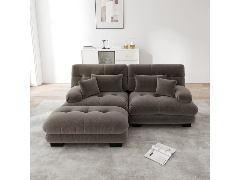  Canapé modulaire en l avec coussins lombaires et ottomans, tissu chenille marron pour salon et bureau  - Conforama C