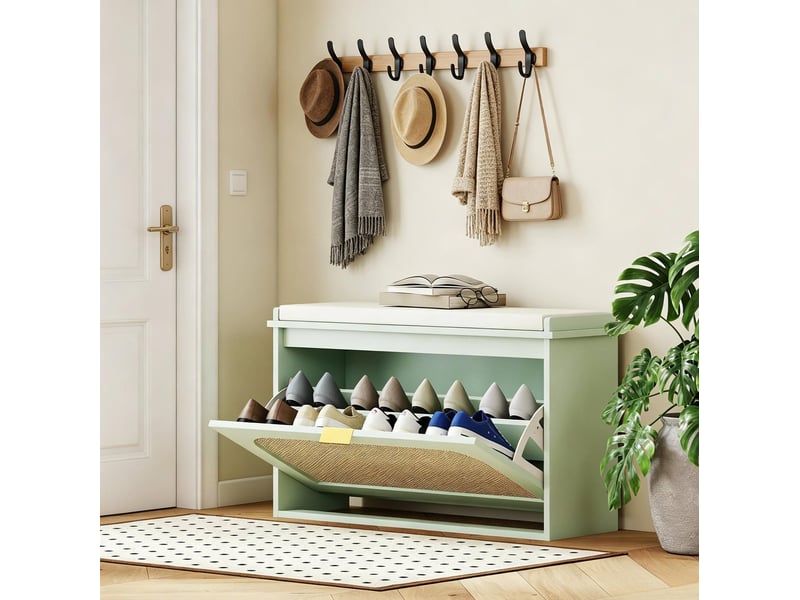  Banc à chaussures avec assise rembourrée, rangement basculant, vert  - Conforama C