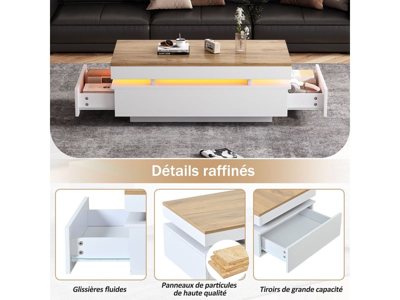  Table basse 100x50x40, design blanc et bois, table basse salon avec 2 tiroirs, led intégrées  - Conforama E