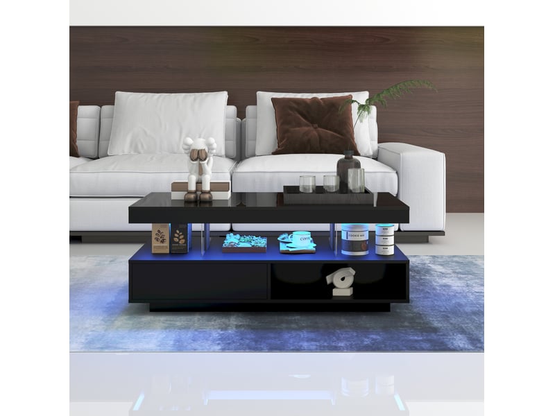  Table basse led avec 2 tiroirs, 2 niches et 4 inserts en verre, plateau brillant pour salon, noir, 95 × 50 × 42,5 cm  - Conforama D
