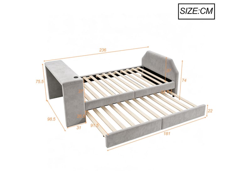  Lit pour enfant rembourré 90x200 cm – avec port de charge usb – avec lit gigogne – velours – gris (matelas non inclus)  - Conforama C