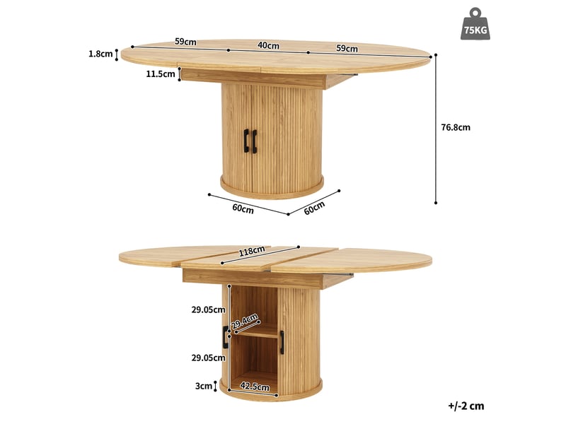 Table à manger extensible naturel, rangement, casier à vin, étagères réglables, confort, solide, robuste - mdf - 118x118x76.8cm - Conforama E