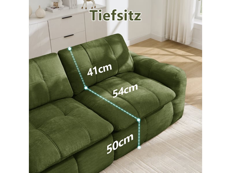  Canapé modulable 2 places 194 cm, assise profonde, design matelassé carré, tissu chenille, sans cadre, vert OMNIGLINT TRADING LTD - Conforama E