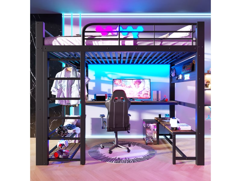 Lit mezzanine 2 places 140×200 cm, led réglable, étagères et bureau - sans matelas, métal noir - Conforama C