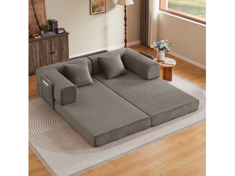  Canapé-lit convertible 3 places en velours côtelé taupe avec 2 coussins 204 x 97 x 65 cm  - Conforama E