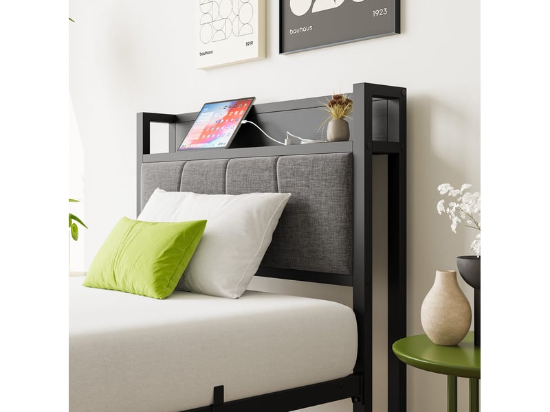  Tcqpz lit adulte 90x200 cm noir en métal et mdf avec tête de lit et rangement  - Conforama D