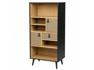 Bibliothèque chelsea avec rangements et poignées effet cuir - 60 x 40 x h140 cm - effet bois et noir