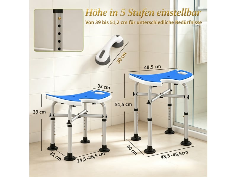  Tabouret de douche réglable en hauteur bleu avec siège en u, ventouses et barre d'appui pour salle de bain  - Conforama C