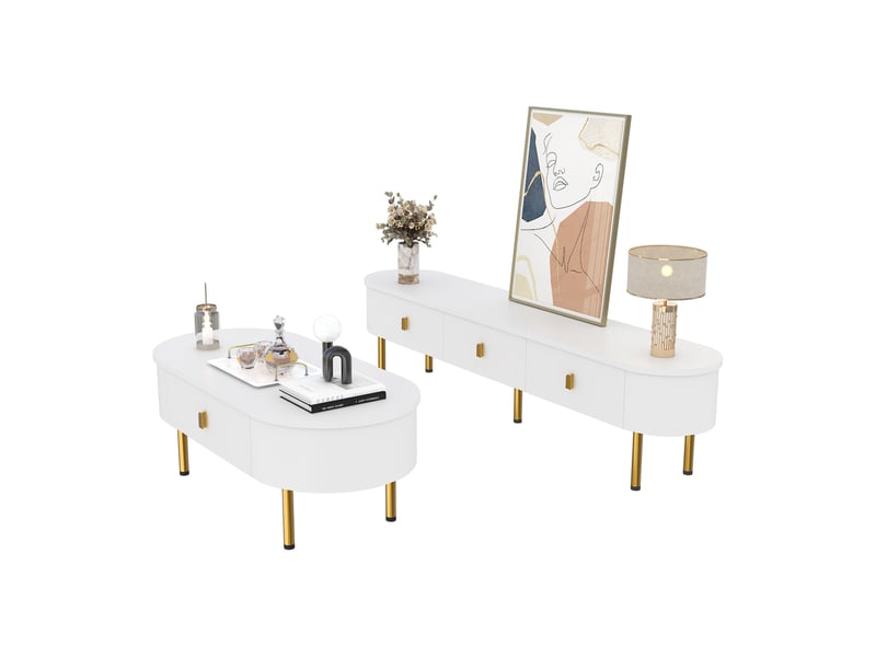  Ensemble meuble tv et table basse style luxueux, avec tiroirs et angles arrondis  - Conforama E