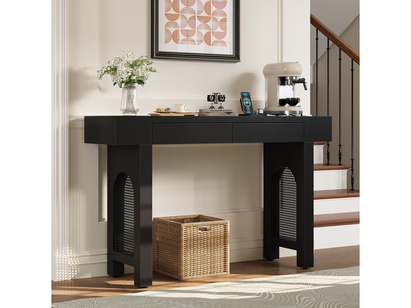  Table console avec tiroirs - noir - multiprise intégrée - tiroirs indépendants - pieds réglables 120x35.5x76.5cm - Conforama C