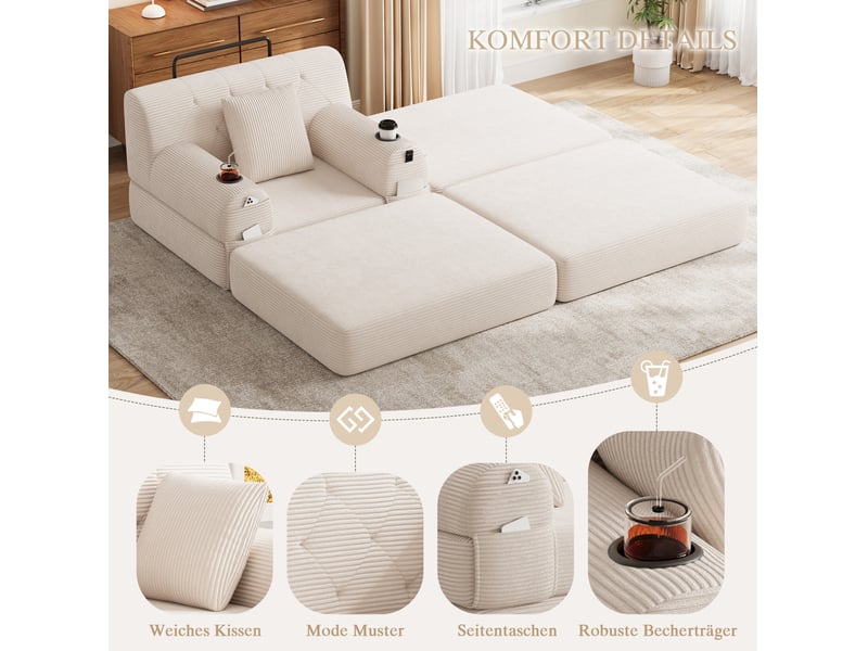  Fauteuil-lit convertible 1 place avec dossier haut, 4 poches et 2 porte-gobelets en velours côtelé beige  - Conforama E