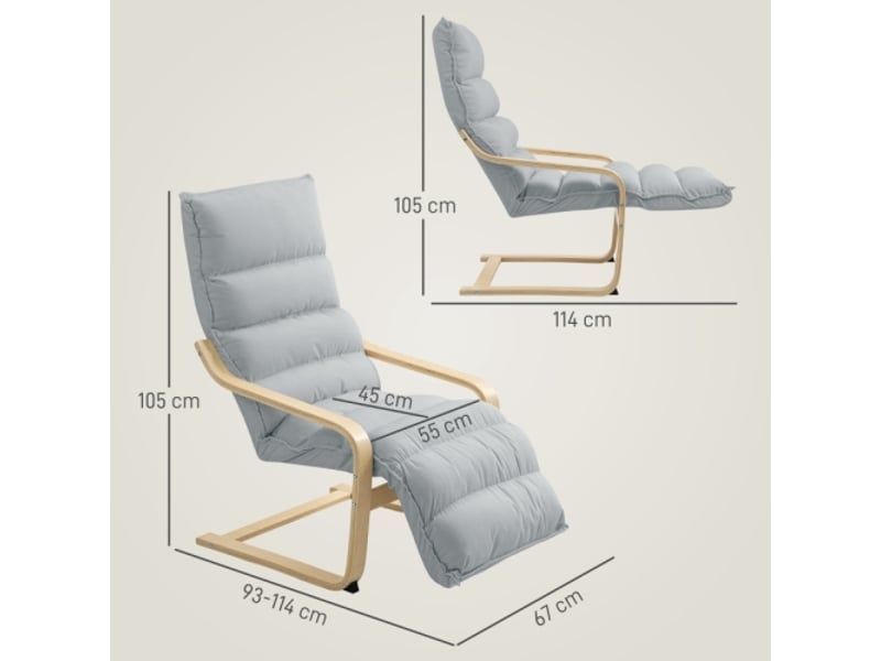  Fauteuil relax gris clair avec repose-pieds réglable, aspect velours, accoudoirs, pour salon et lecture  - Conforama C