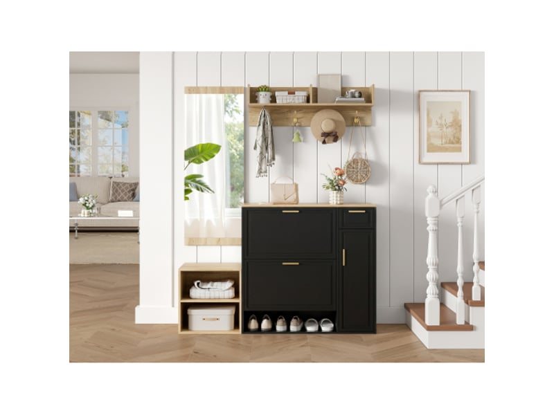 Ensemble vestibule 4 pièces – meuble d'entrée, casier à chaussures, banc, porte-manteaux et miroir – l139,5 × p35 × h166 cm - Conforama E