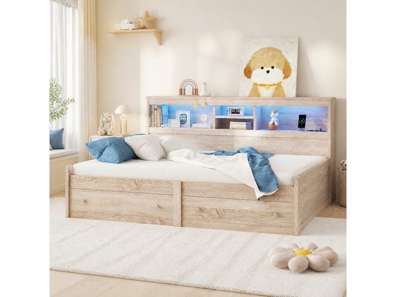  Lit banquette avec 2 tiroirs, rangements, éclairage à couleurs variables et prises de charge, en panneau de particules, blanc et naturel  - Conforama C