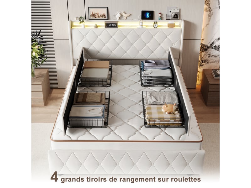 Lit coffre 160x200 cm, tête de lit led, coloris beige - Conforama D