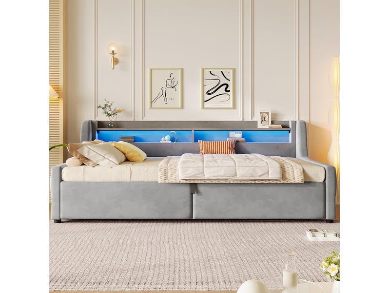  Lit banquette 90x200 cm avec espace de rangement hydraulique et éclairage led gris  - Conforama D
