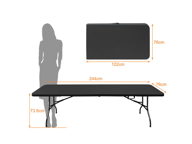 Table de jardin pliante 244 x 76 x 73,6 cm noire, en plastique et acier, avec poignée de transport - Conforama C