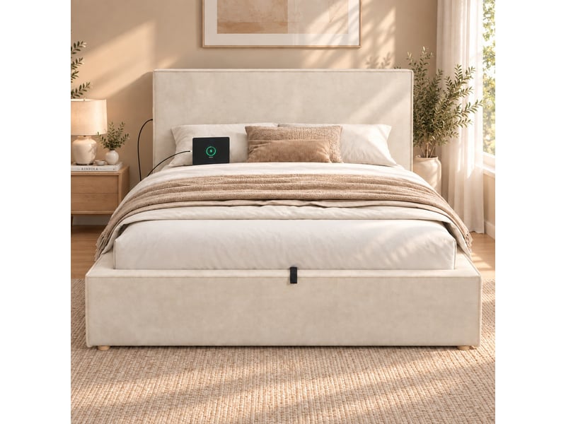  Lit coffre, 120 x 200 cm, lit enfant avec sommier à lattes, tête de lit rembourrée et grand espace de rangement, chenille, beige  - Conforama D