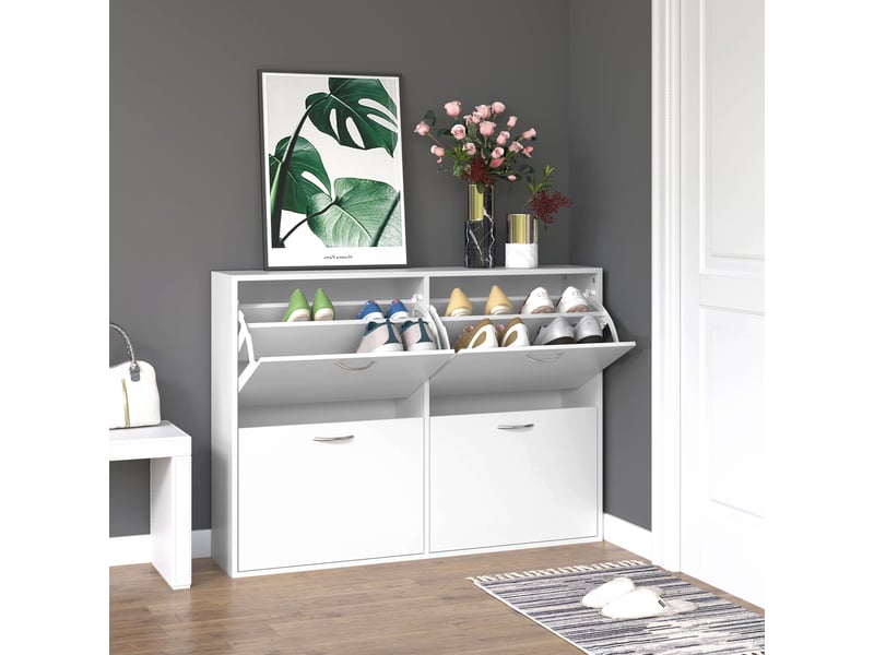  Meuble à chaussures gain de place en bois pour 16 à 24 paires avec 4 tiroirs rabattables dimensions 120x24x81 cm en blanc  - Conforama D