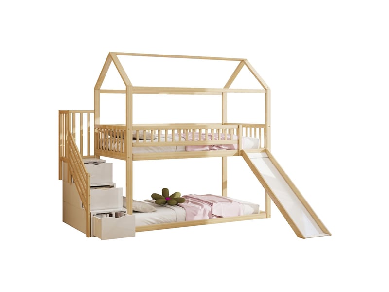  Lit mezzanine 90x200cm avec toboggan et escalier de rangement lit cabane enfant en bois massif naturel, barrière et sommier inclus  - Conforama A