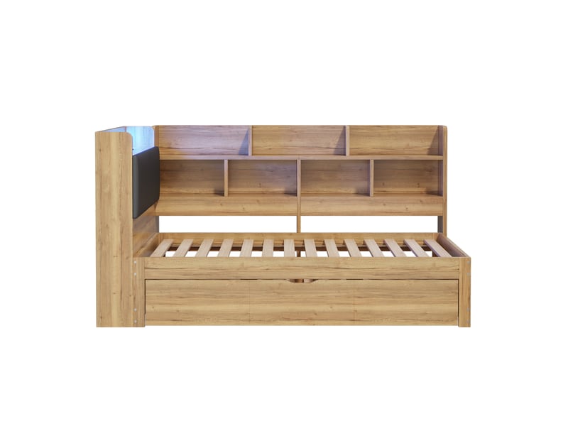 Lit simple enfant 90x200 cm – naturel – lit gigogne 90x190, led, usb-c et rangements intégrés - Conforama E