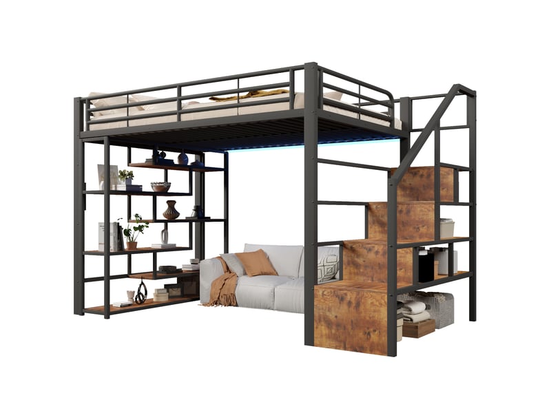  Lit mezzanine 140x200 cm, escalier rangement, garde-corps, led, métal et mdf, noir et blanc, sans matelas  - Conforama A