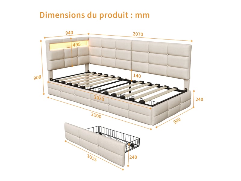 Lit jeune 90x200 avec rangement, lit simple pour adolescent avec led et usb lit banquette avec 2 tiroirs et tête de lit rembourrée beige lin, sans matelas - Conforama C