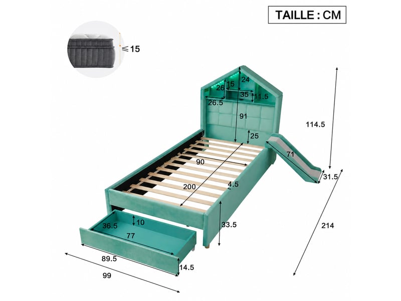  Lit cabane enfant 90x200 cm, lit simple en velours avec toboggan, led, rangement et prise, sans matelas  - Conforama D