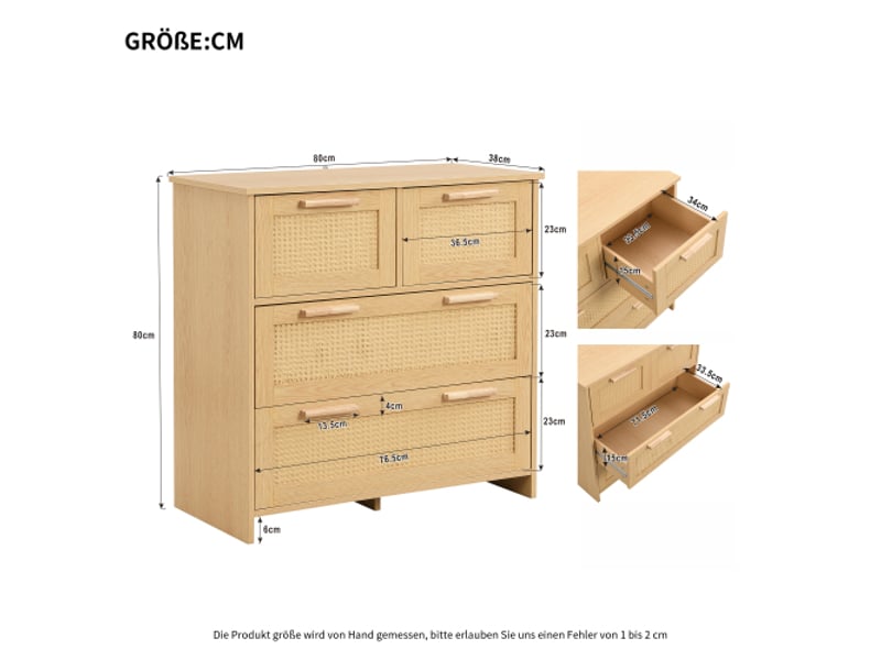 Buffet en rotin, armoire de rangement avec 4 tiroirs, commode avec poignées en bois massif, pour chambre à coucher, salon,80x38x80cm - Conforama E