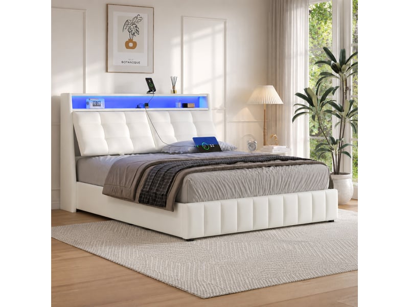Lit rembourré 160 x 200 cm avec éclairage led 7 couleurs, port usb, espace de rangement et tête de lit réglable, blanc - Conforama E