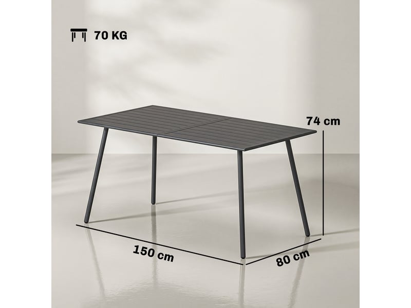 Table à manger de jardin pour 6 personnes avec plateau à lattes, 150x80x74cm, gris - Conforama E