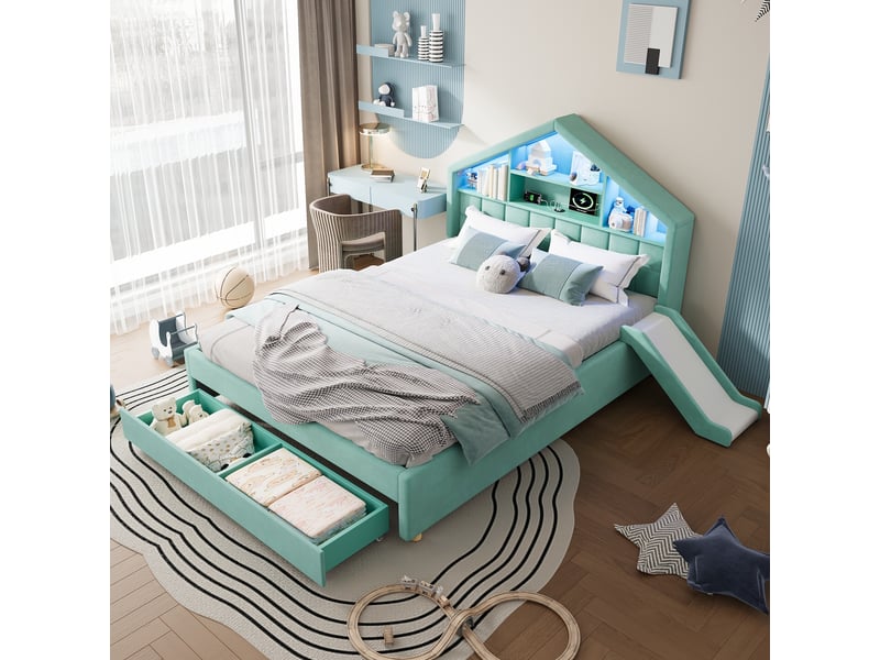  Lit cabane 140x200cm - lit enfant rembourré avec toboggan réversible, led, prises usb, étagère et tiroir de lit - bleu  - Conforama C